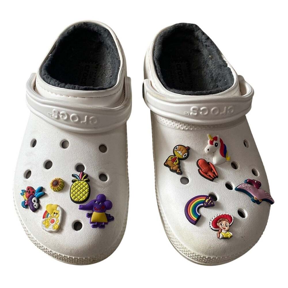 Crocs Classic Lined Clogs White Size Men 10 Women 12 Fleece Slip On With Charms